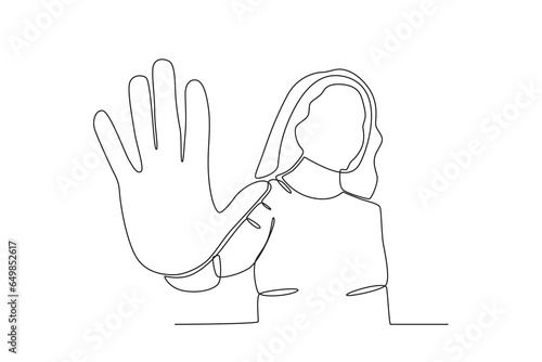 Illustration of a woman forbidding violence. International day for the elimination of violence agains women one-line drawing