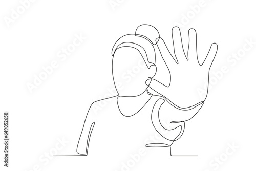 A woman supports stopping violence. International day for the elimination of violence agains women one-line drawing