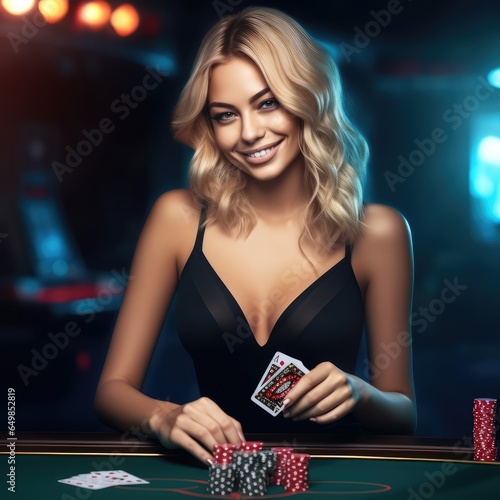 happy smiling live dealer girl in black