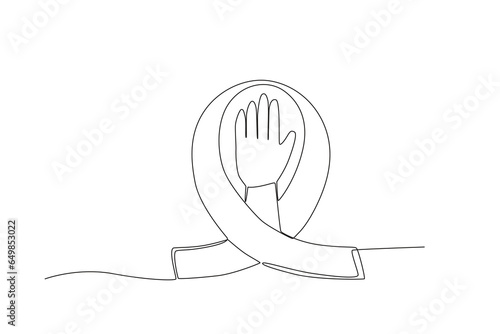 A hand circled by a ribbon symbolizes the opponent of violence. International day for the elimination of violence agains women one-line drawing