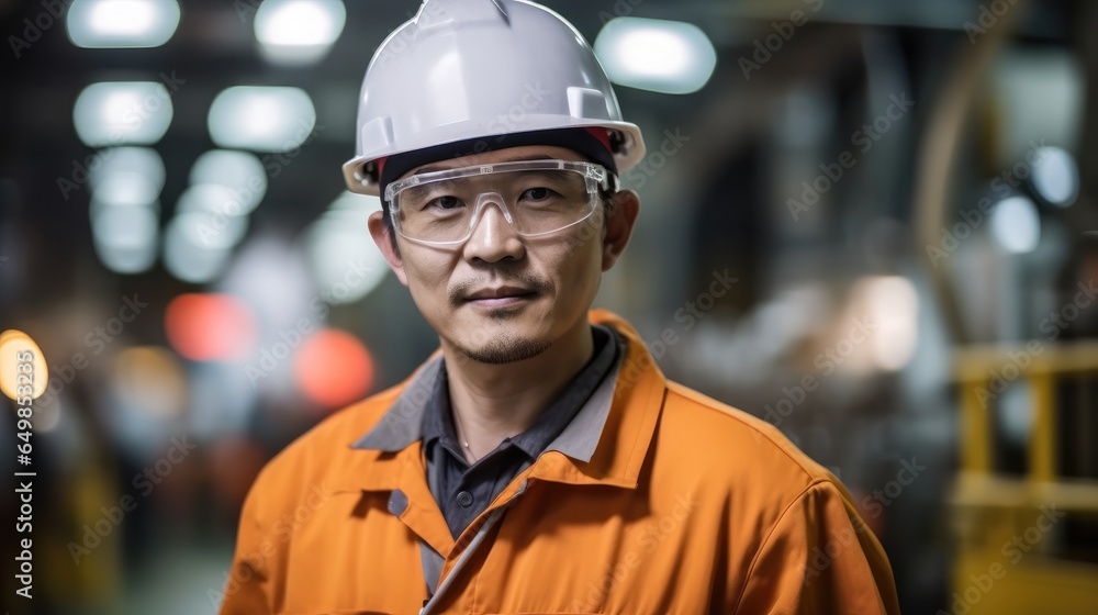 Korean man wearing work clothes clean and neat clothing and head helmet working at copper profile factory. Korean man wearing work clothes clean and neat clothing and head helmet working at copper profile factory.