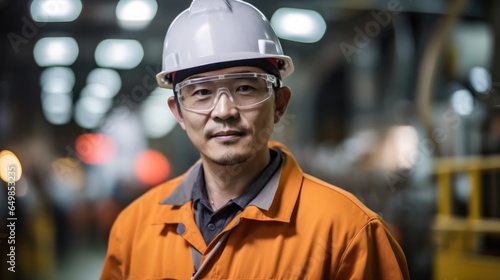 Korean man wearing work clothes clean and neat clothing and head helmet working at copper profile factory.