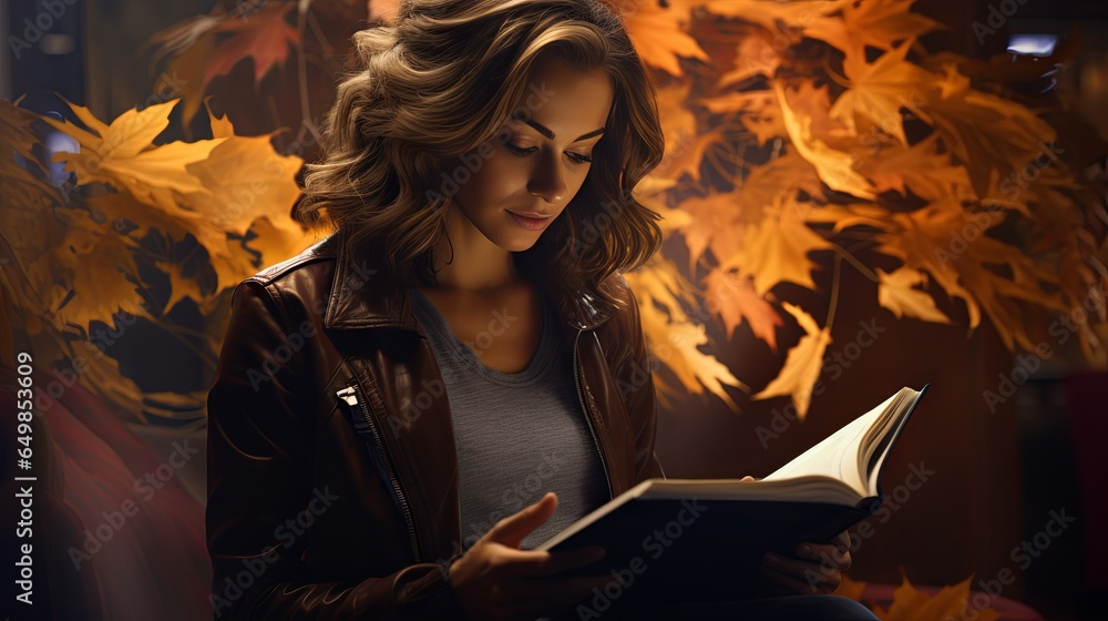 Handsome woman reading a book with autumn leaves in the background. Made with Generative AI. - obrazy, fototapety, plakaty 