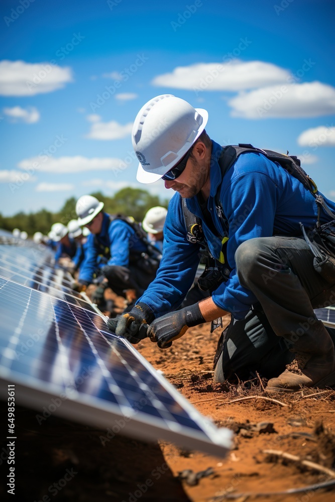 Solar modules being installed in expanding solar farm over time | Generative AI Solar modules being installed in expanding solar farm over time | Generative AI