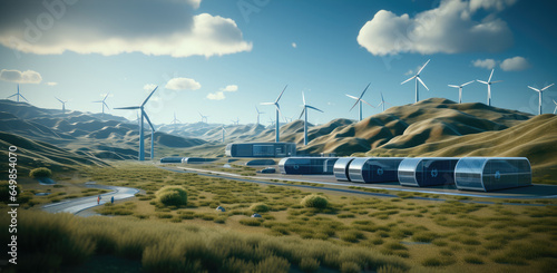 Big hydrogen storage with wind turbines and solar panels, Fluid networks, Global energy concept.