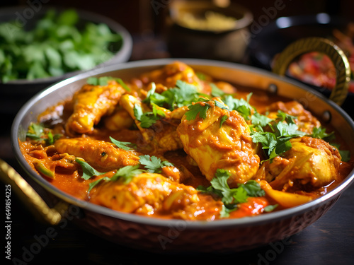 Indian chicken curry with coconut milk. Indian cuisine with our flavorful Indian Chicken Curry. Tender chicken meets a symphony of spices in a tomato-based sauce.  Indian Chicken Curry is a culinary.  © Ducka_house