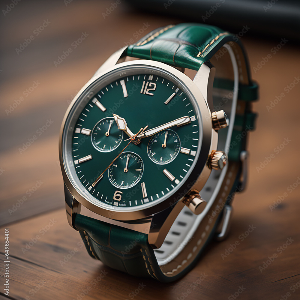 Fototapeta premium luxury watch with chronograph and leather strap on the table wood table generated by AI