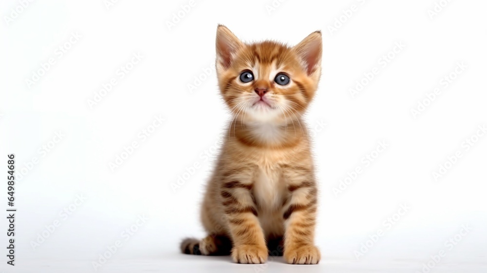 A beautiful kitten smiling sitting on white background.Generative AI