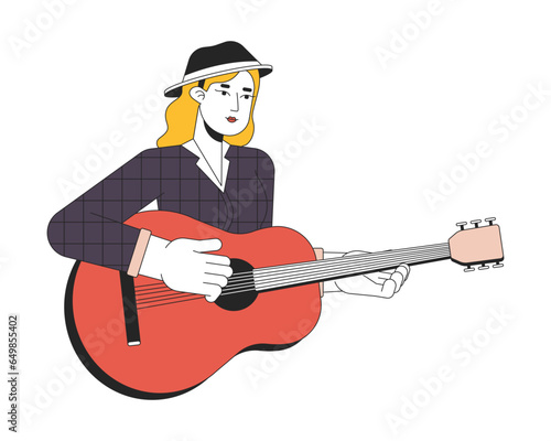 Guitarist girl plucking strings on acoustic guitar 2D linear cartoon character. European woman holding instrument isolated line vector person white background. Performer color flat spot illustration