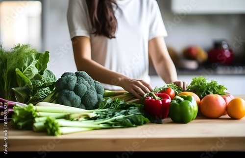 Vegan woman preparing healthy fruits and vegetables in kitchen