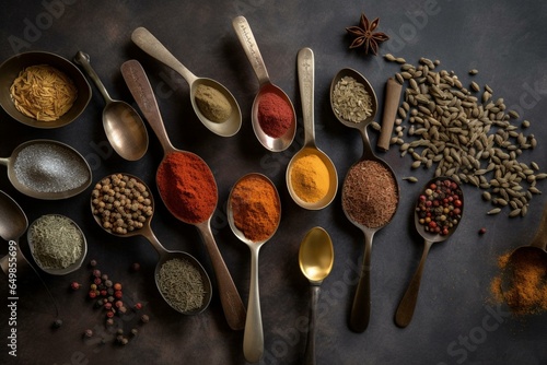 An assortment of spices on a table top with spoons next to them. Generative AI