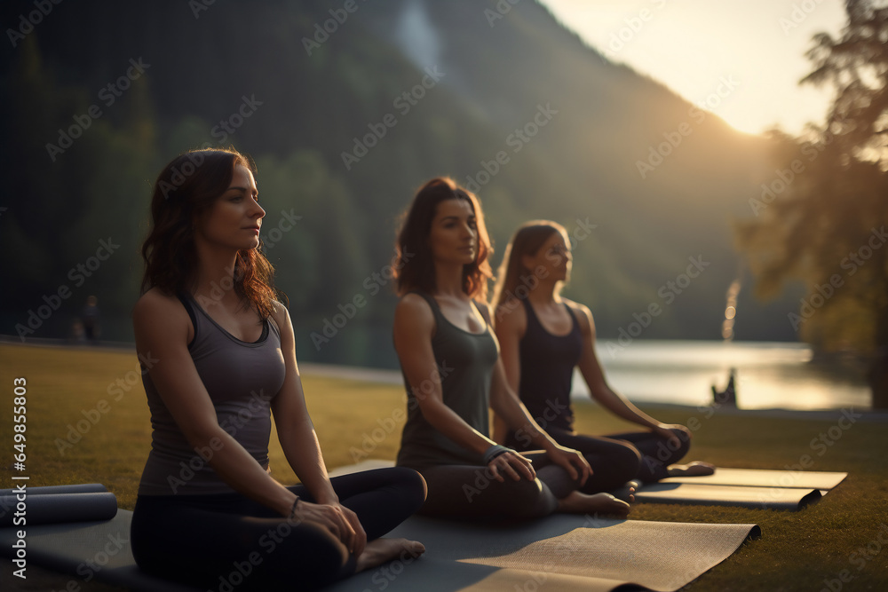 Fototapeta premium A group of young happy woman is doing yoga exercises relaxed and mindfull with a yoga mat in a city beautiful park at sunset