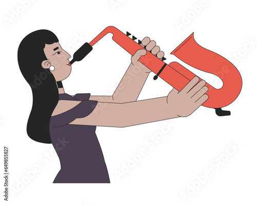 Elegant indian woman playing saxophone 2D linear cartoon character. South asian female holding sax isolated line vector person white background. Jazz saxophonist color flat spot illustration