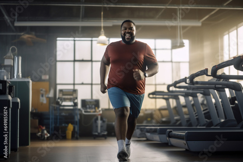 A beautiful strong and fit African American man is running concentrated and smiling with running shoes in a beautiful gym   an obese adult