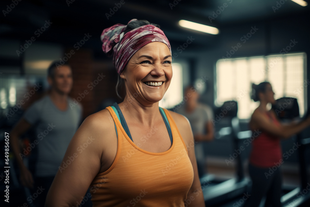 A beautiful strong Caucasian woman is exercising concentrated and smiling with a headband in a beautiful gym ; an obese adult person