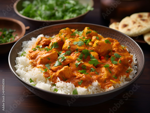 Indian Chicken Curry served with fragrant rice. Indian cuisine in every bite of our Indian Chicken Curry with rice. Indian Chicken Curry with rice. Tender chicken, A curry sauce and fluffy rice.
