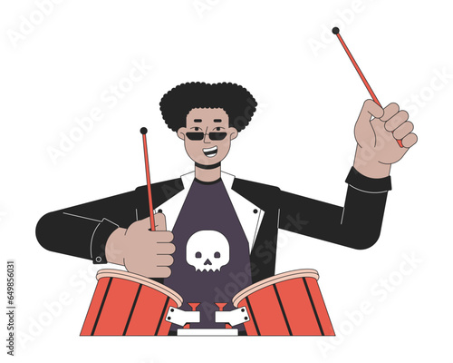 Sunglasses drummer artist holding drumsticks 2D linear cartoon character. Drums playing african american man rockstar isolated line vector person white background. Color flat spot illustration