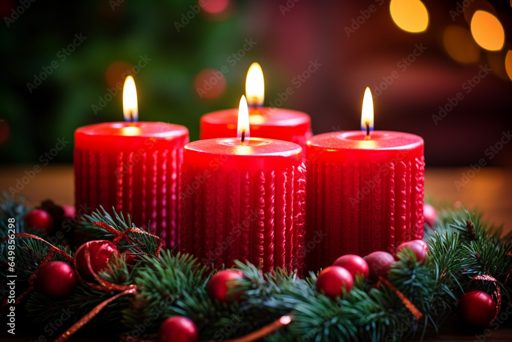 Glowing Advent Candles In A Wreath Macro Photography Glowing Advent Candles In A Wreath Macro Photography