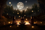 A group of adult happy woman is meditating relaxed and mindfull with a yoga mat in a beautiful forest at night with stars and full moon