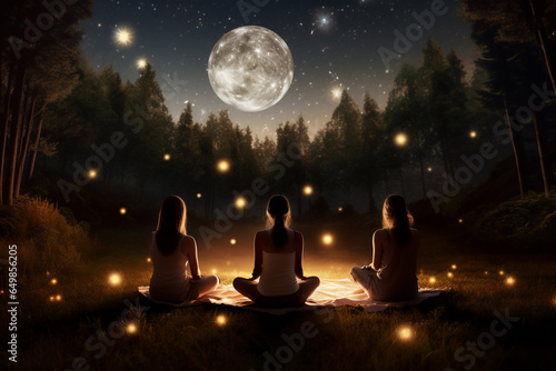 A group of adult happy woman is meditating relaxed and mindfull with a yoga mat in a beautiful forest at night with stars and full moon