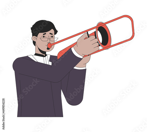 Eyeglasses indian man playing trombone 2D linear cartoon character. Trombonist guy holding instrument isolated line vector person white background. Jazz instrumentalist color flat spot illustration