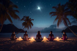 A group of young happy woman is doing yoga exercises relaxed and mindfull with a yoga mat on a beautiful beach at night with stars and full moon