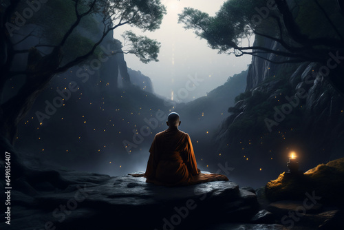 A traditional clothed religious monk is sitting an meditating with a concentrated on a giant rock in a  forest a spiritual place at night