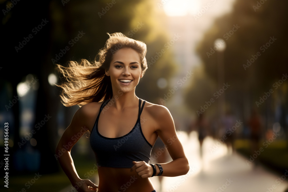 A beautiful strong Caucasian woman is running concentrated and smiling with dumbnells in a beautiful city park ; a fit sexy and slim person - obrazy, fototapety, plakaty 