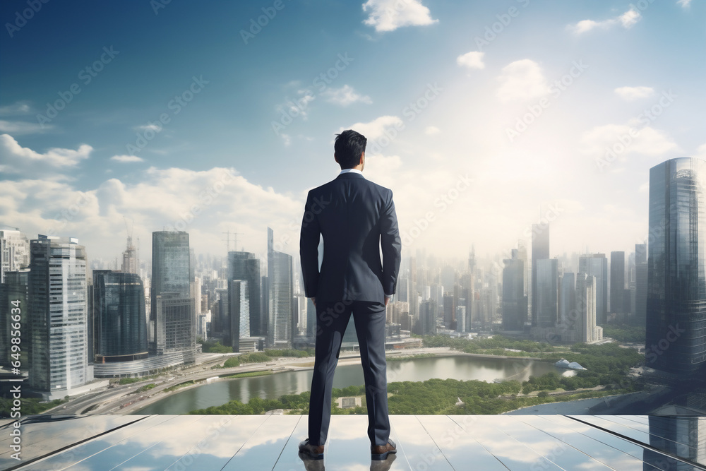 An asian entrepreneur or business man are standing seen from the back with a modern suit with sky-raisers in the beautiful background ; career concept and a business background on a sunny day - obrazy, fototapety, plakaty 