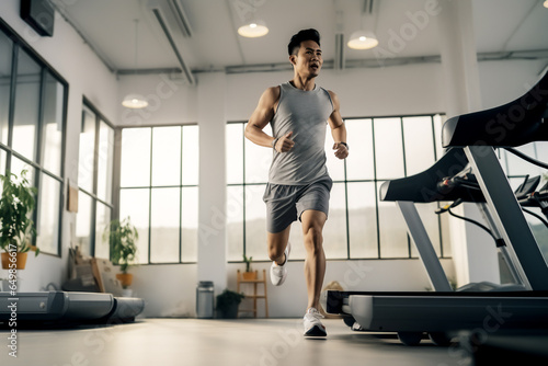 A beautiful strong and fit Asian man is running concentrated and smiling with running shoes in a beautiful gym   a fit senior person