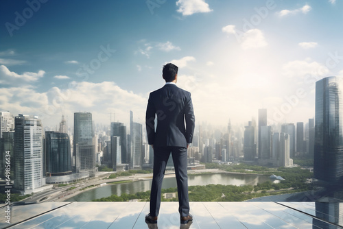An asian entrepreneur or business man are standing seen from the back with a modern suit with sky-raisers in the beautiful background ; career concept and a business background on a sunny day
