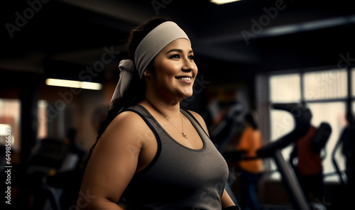 A beautiful strong Asian woman is exercising concentrated and smiling with a headband in a beautiful gym   an obese adult person