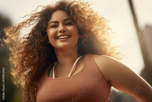 A beautiful strong Latin woman is exercising concentrated and smiling in a beautiful city park ; an obese young person photo