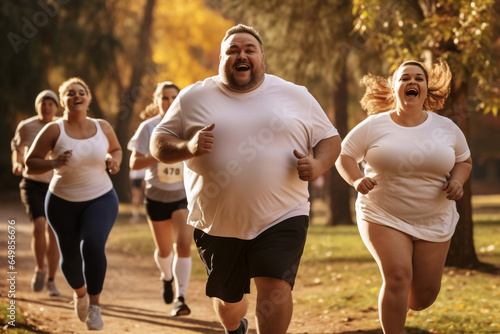 A group of caucasian female and male people is exercising concentrated with running shoes in a contest in a city beautiful park ;mixed obese and slim people