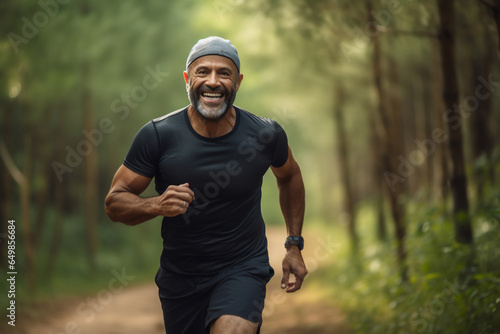 A beautiful strong and fit Latin man is exercising concentrated and smiling with running shoes in a beautiful forest ; a fit senior person