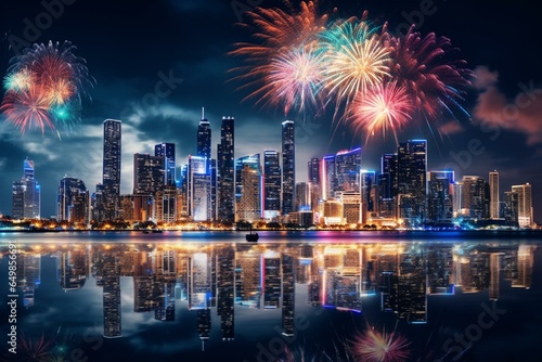 A dazzling Miami skyline lit up by beautiful fireworks on New Year's Eve 2021. Generative AI