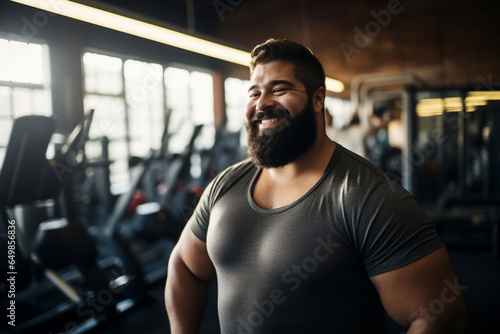 A beautiful strong and fit Latin man is exercising concentrated and smiling with dumbnells in a beautiful gym ;an obese young person