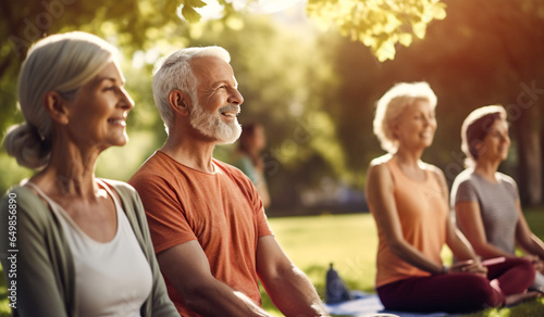 A group of senior happy woman and man are meditating relaxed and mindfull with a yoga mat in a city beautiful park on a sunny day