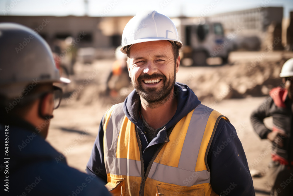 Construction worker stand at construction site. Construction worker stand at construction site.