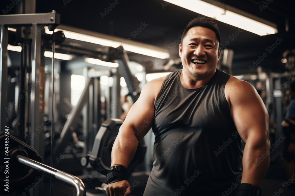 A beautiful strong and fit Asian man is exercising concentrated and smiling with dumbnells in a beautiful gym ; an obese adult A beautiful strong and fit Asian man is exercising concentrated and smiling with dumbnells in a beautiful gym ; an obese adult
