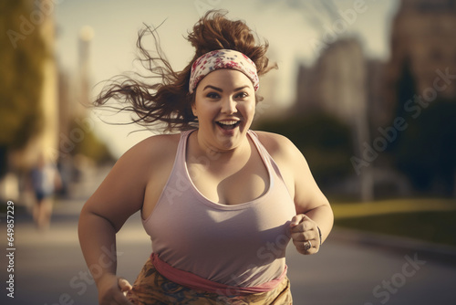 A beautiful strong Caucasian woman is running concentrated and smiling with a headband in a beautiful city park ; an obese young person