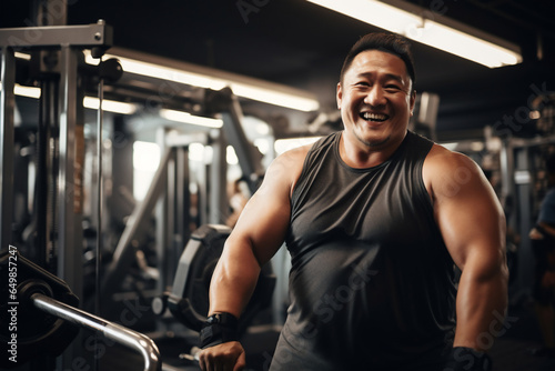 A beautiful strong and fit Asian man is exercising concentrated and smiling with dumbnells in a beautiful gym ; an obese adult