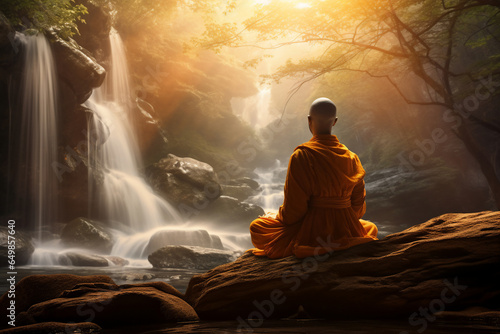 A traditional clothed religious monk is visualize with a concentrated floating in the air in the midst of a forest with  waterfall a spiritual place at sunset