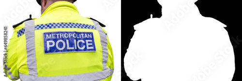 Back of the vest of a London Metropolitan Police Officer in Hi-visibility Uniform isolated on white background with clipping mask and path photo