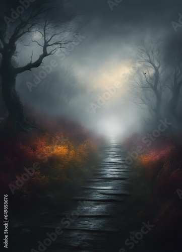 A solitary path enveloped in dense fog und darkness e.g. for book covers