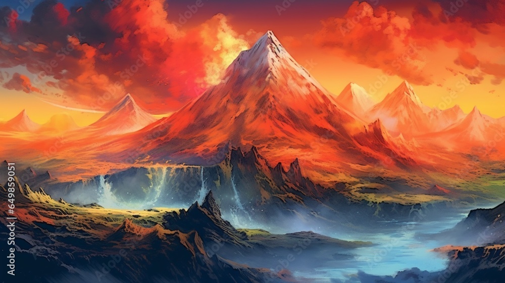 fantasy style watercolor of mountain ranges with lava Generative Ai