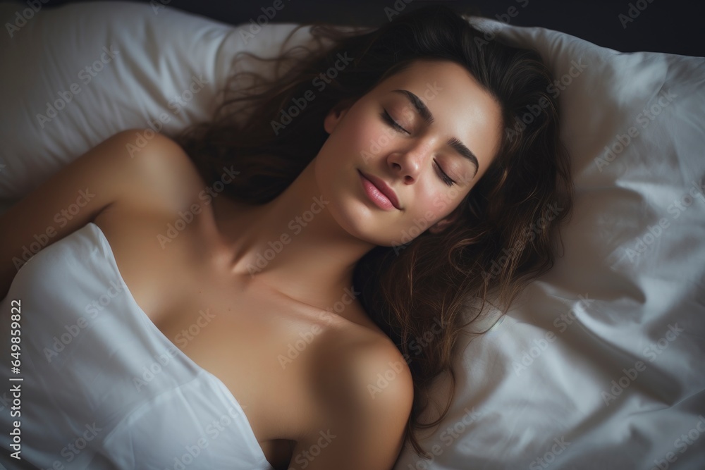 A serene woman resting peacefully in bed created with Generative AI technology A serene woman resting peacefully in bed created with Generative AI technology