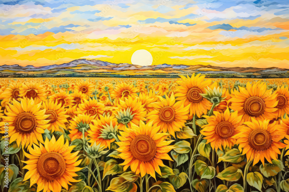 Fototapeta premium Sunflower Field In Bloom Painted With Crayons