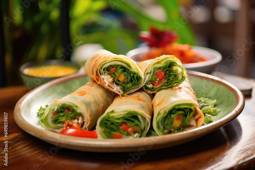 Spring Rolls On Plate In Botanicalstyle Cafe photo