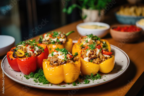 Stuffed Bell Peppers On Plate In Botanicalstyle Cafe photo